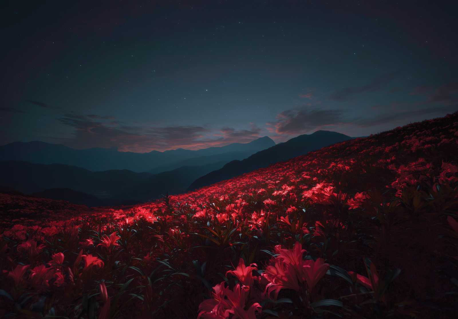 Фототапет Червено цветно поле под нощното небе